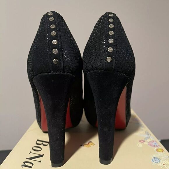BONAVI Studded Platform Stiletto Pumps Heels Black Red bottoms Suede Shoes Sz 36 - Picture 7 of 10